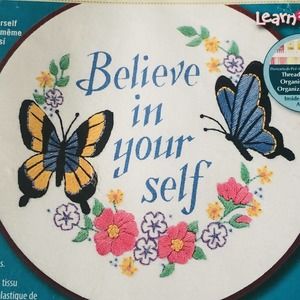 2017 Embroidery Kit Believe In Yourself Butterflies Pink Flowers Hoop Frame New